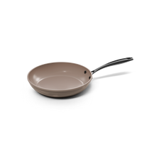 Taupekleurige koekenpan van 24 cm met antiaanbaklaag en zwart handvat.
