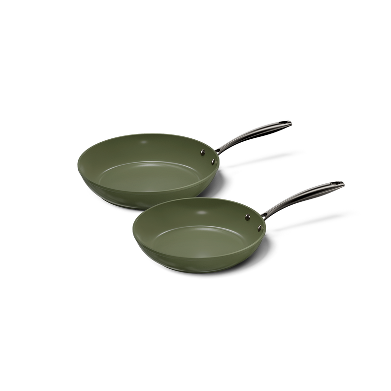 Dark green frying pan set with two sizes, non-stick coating, and black handles.