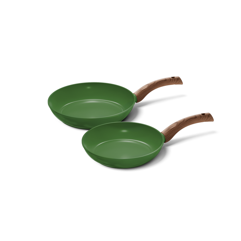 Ensemble de deux poêles vertes avec poignées en bois de différentes tailles.