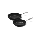 Set de poêles à frire noir 2 pièces avec poignées argentées et revêtement antiadhésif.