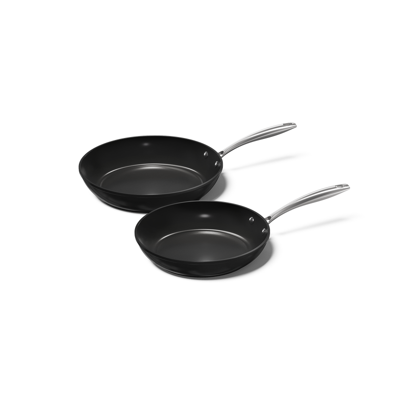 Black 2-piece frying pan set with silver-colored handles and non-stick coating.