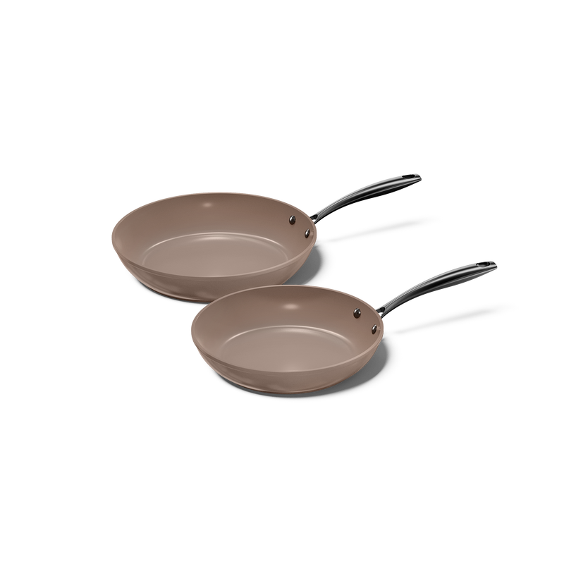 Taupe metal frying pan set with black heat-resistant handles, 2-piece.