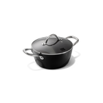 Zwarte matte kookpan met deksel en roestvrijstalen handgrepen, 22 cm diameter.