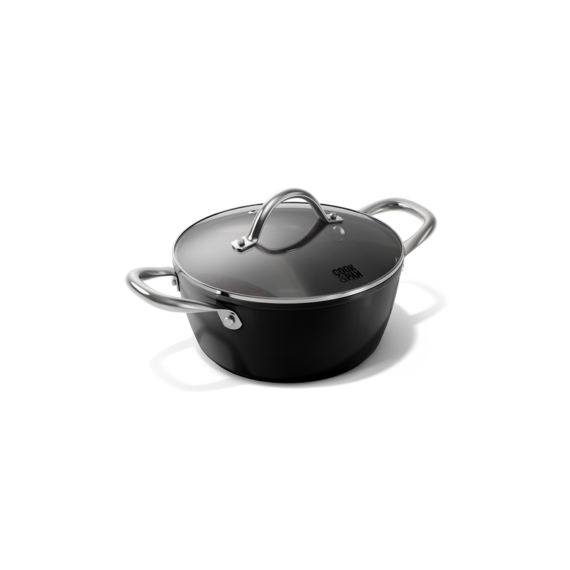 Schwarzer matter Kochtopf mit Deckel und Edelstahlgriffen, 22 cm Durchmesser.