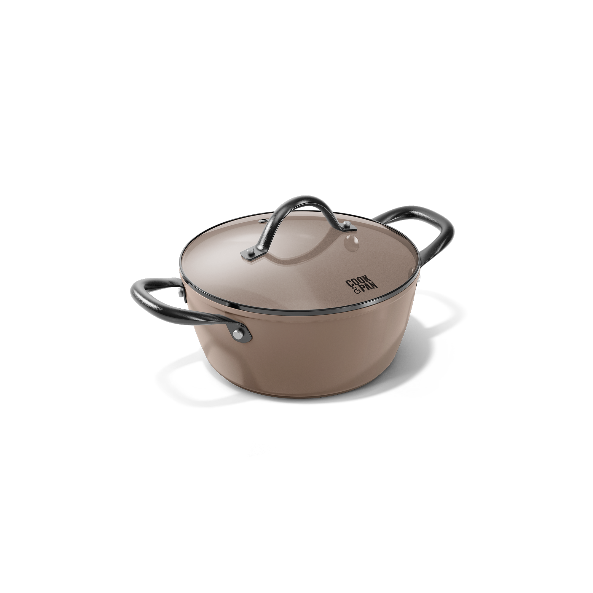 Taupe 20 cm pan met glazen deksel en zwarte grepen, gladde afwerking.