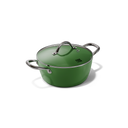 Grüner Bräter von 24 cm mit Edelstahlgriffen und Glasdeckel.