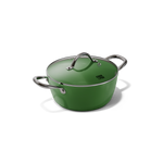 Groene braadpan van 24 cm met roestvrijstalen handgrepen en glazen deksel.