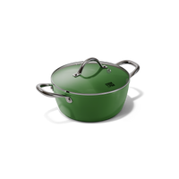 Groene braadpan van 24 cm met roestvrijstalen handgrepen en glazen deksel.