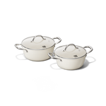 2-delt elfenbensfarvet pandesæt med rustfri ståldæksler og håndtag.