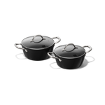 Sort 2-delt pandesæt med rustfri stålhåndtag og glaslåg.