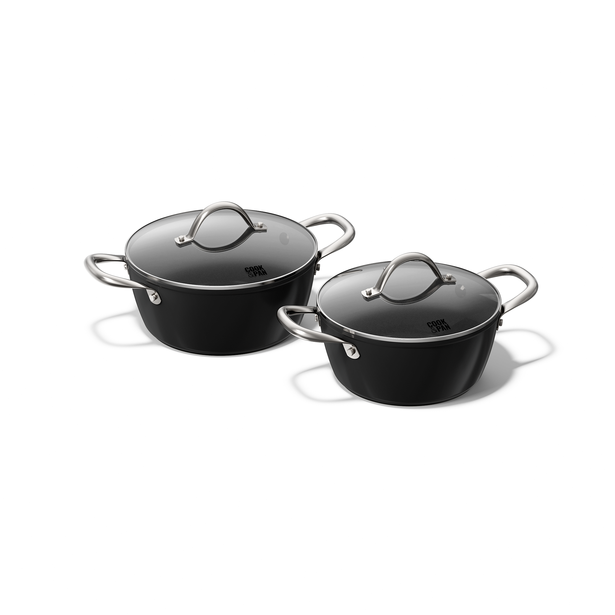 Sort 2-delt pandesæt med rustfri stålhåndtag og glaslåg.