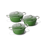Green three-piece cookware set with stainless steel handles and glass lids.