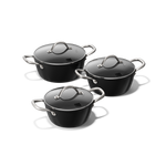 Black 3-piece cookware set with glass lids and stainless steel handles.