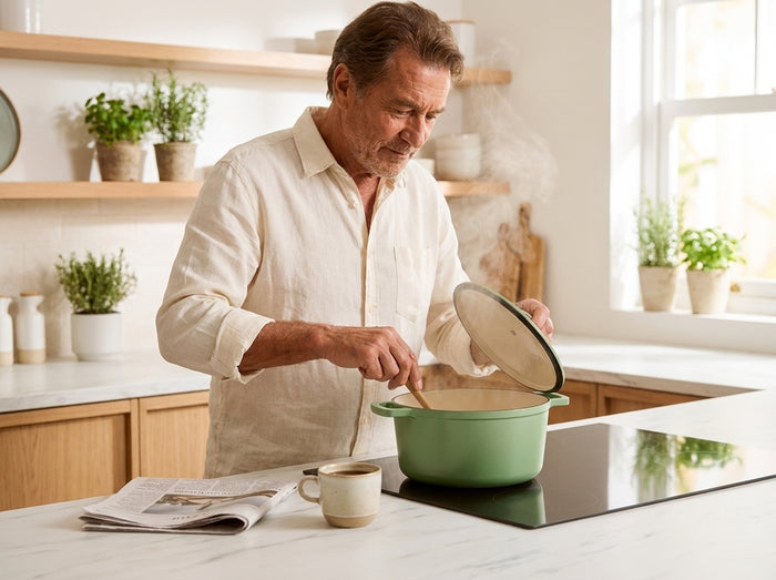 Un homme d'une soixantaine d'années cuisine tranquillement avec une cocotte en fonte verte dans une cuisine claire