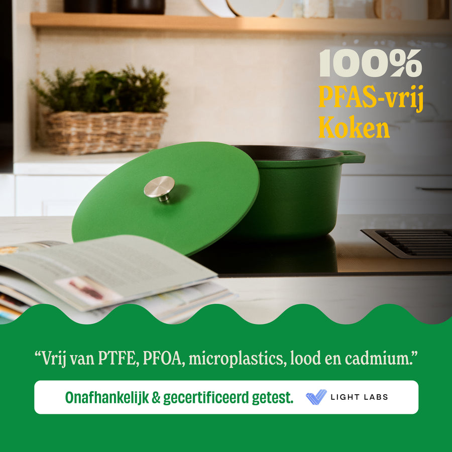 Cocotte en fonte Go Green avec couvercle vert, cuisson Sans PFAS certifiée par Light Labs.