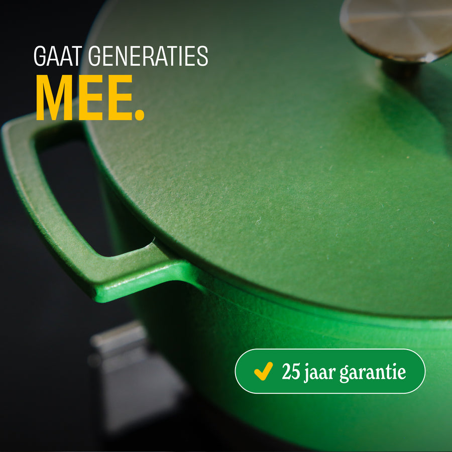 Cocotte en fonte Go Green verte avec couvercle et garantie de 25 ans.