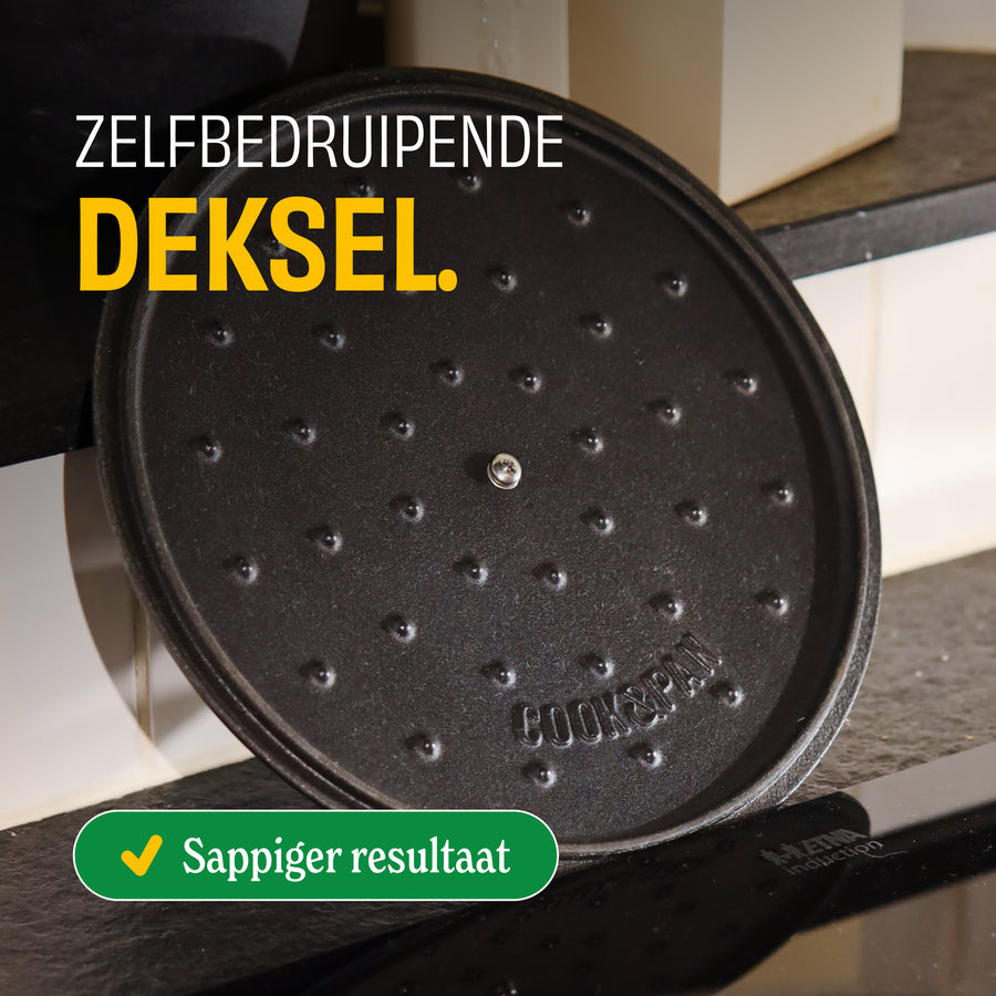 Couvercle auto-arrosant de la cocotte en fonte Go Green avec trous pour jus et logo Cook & Pan.