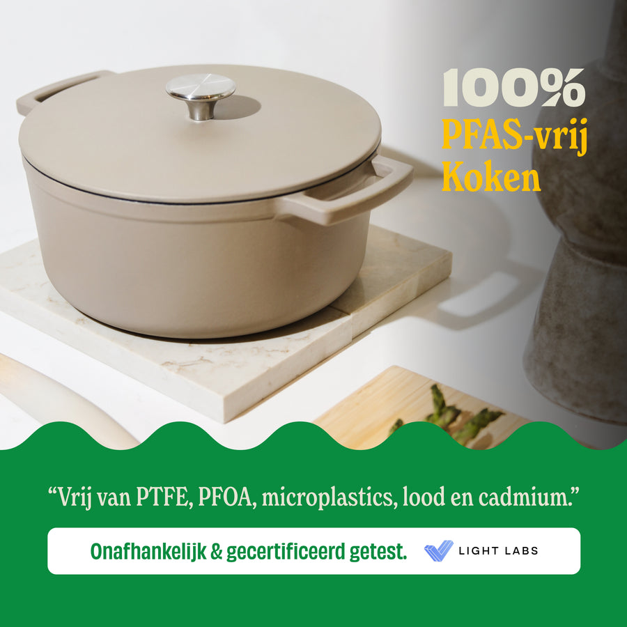 Taupe dutch oven with lid, 100% PFAS-free cooking and certified by Light Labs.