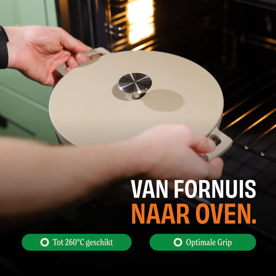 Taupe dutch oven from stove to oven with ergonomic handle and lid suitable up to 260°C.