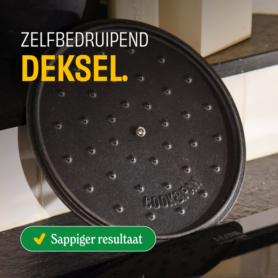 Self-basting dutch oven from Cook & Pan with non-stick coating and water droplets on the lid.