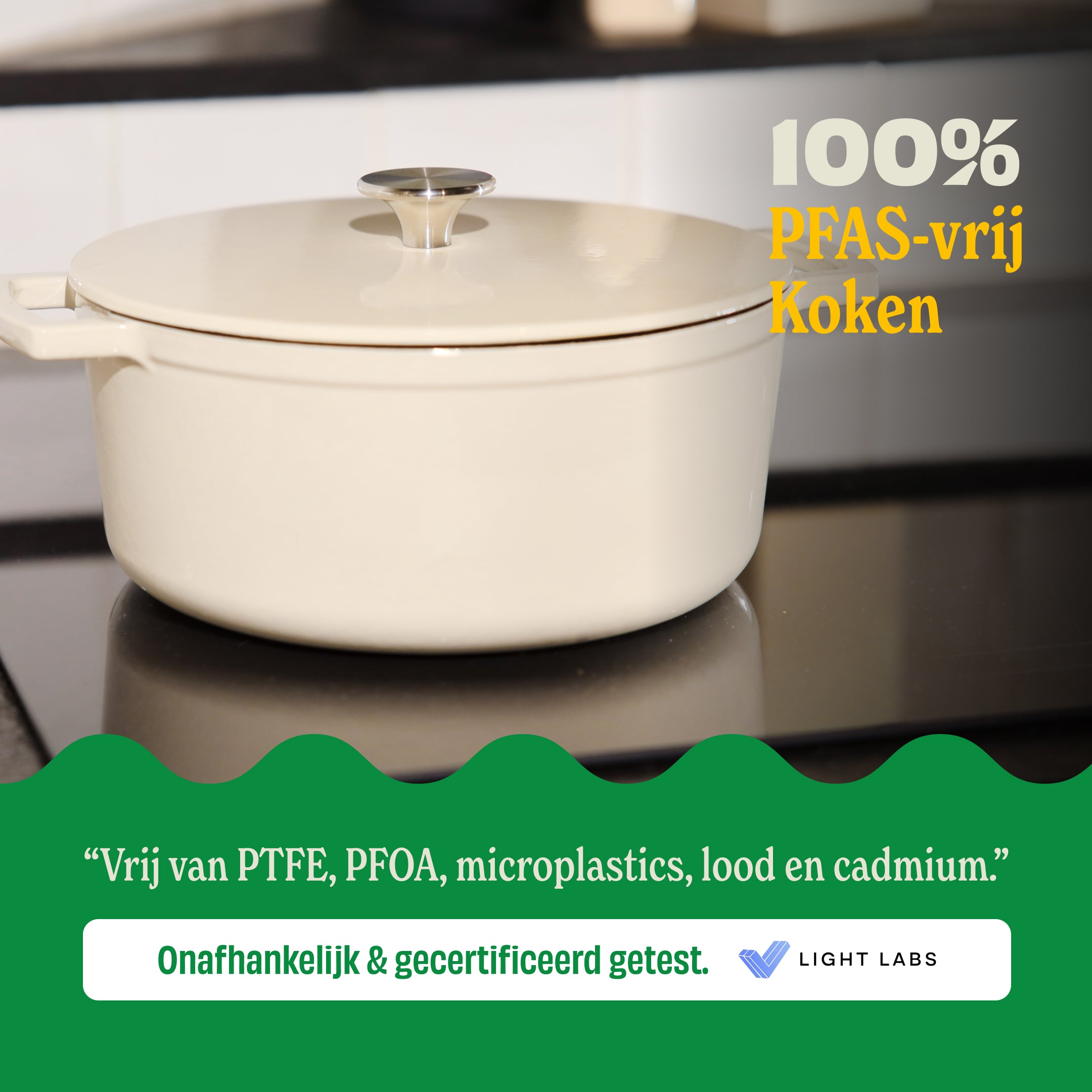 Ivoren gietijzeren braadpan van 24 cm met deksel, 100% PFAS-vrij koken