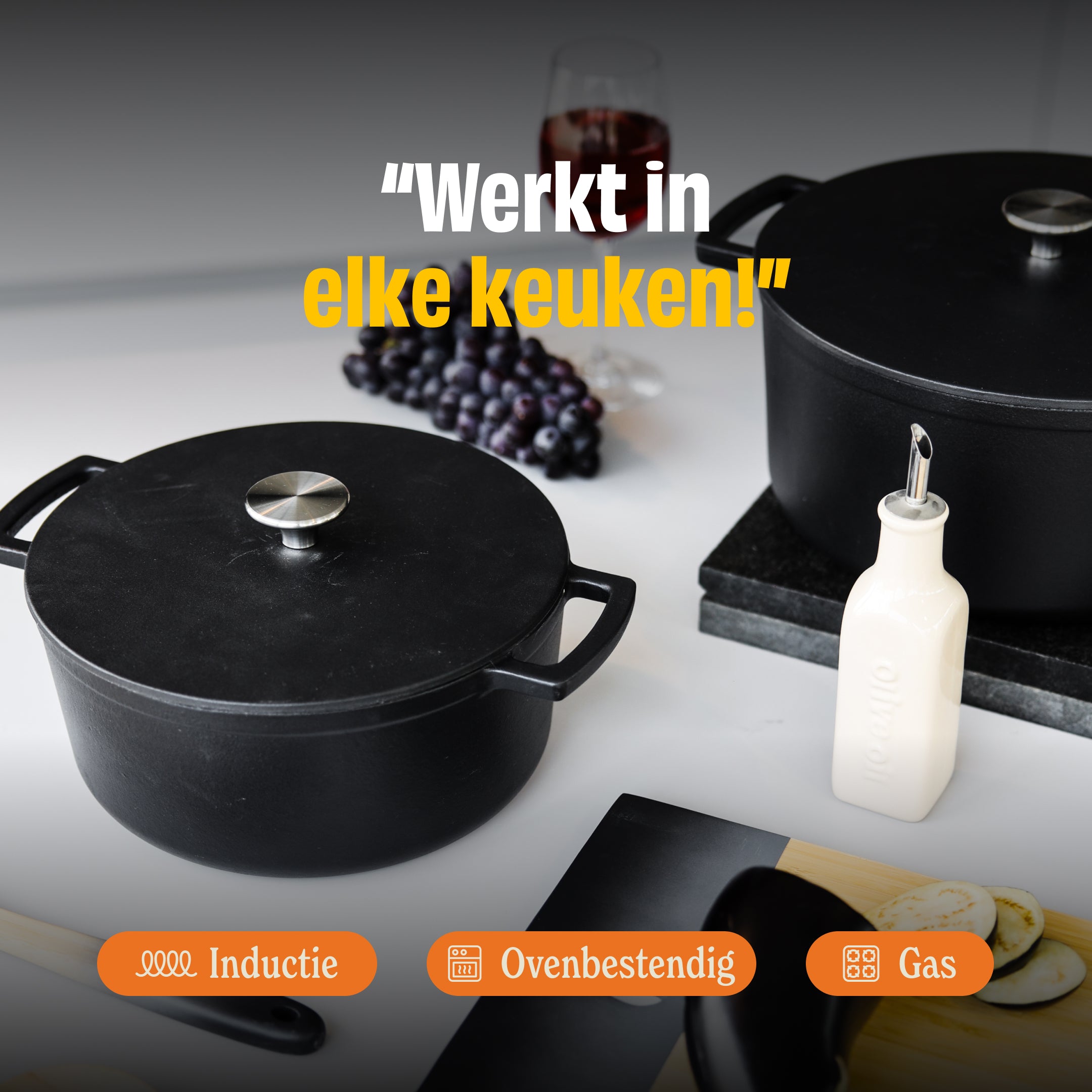Signature dutch oven with lid, suitable for induction, oven, and gas.