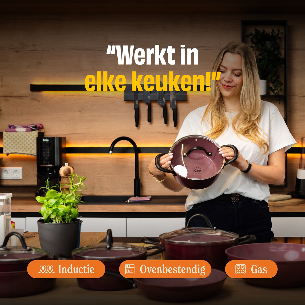 Woman in a kitchen with Cherry cookware, suitable for induction, oven and gas