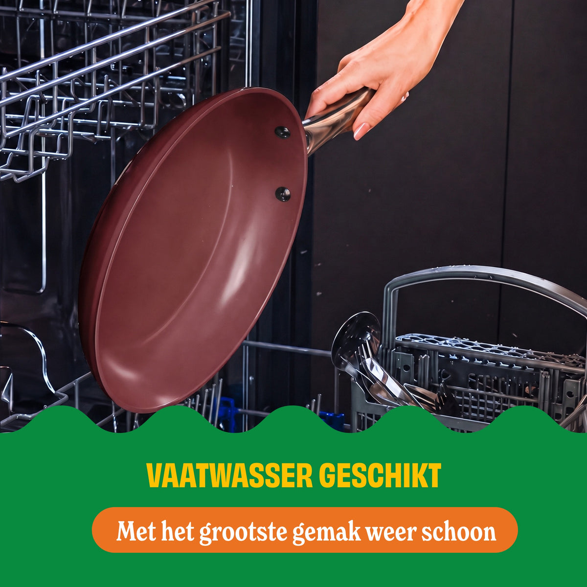 Cherry frying pan going into the dishwasher, dishwasher safe