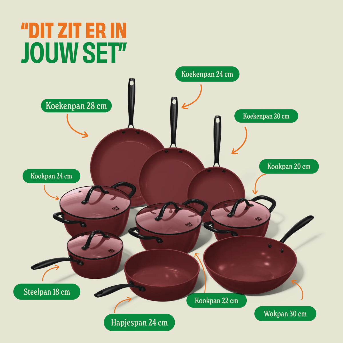 Cherry 9-piece cookware set: frying pans 20, 24 and 28 cm, cooking pots 20, 22 and 24 cm, saucepan 18 cm, sauté pan 24 cm and wok pan 30 cm