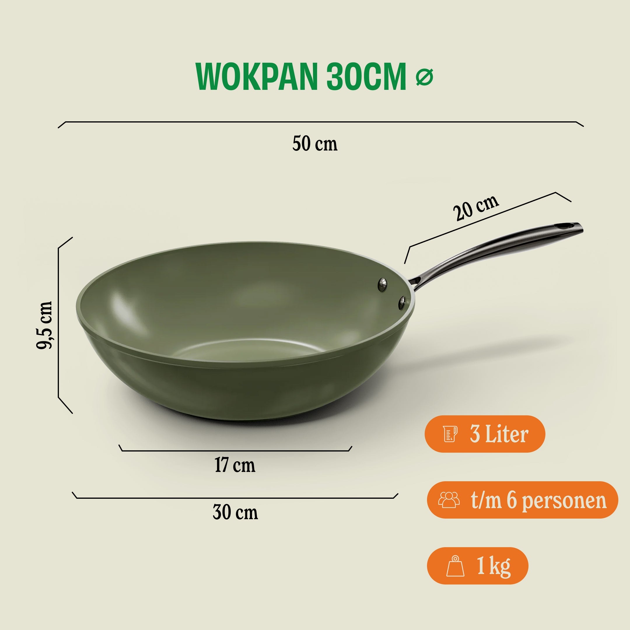 Dark Olive Wokpan 30 cm afmetingen