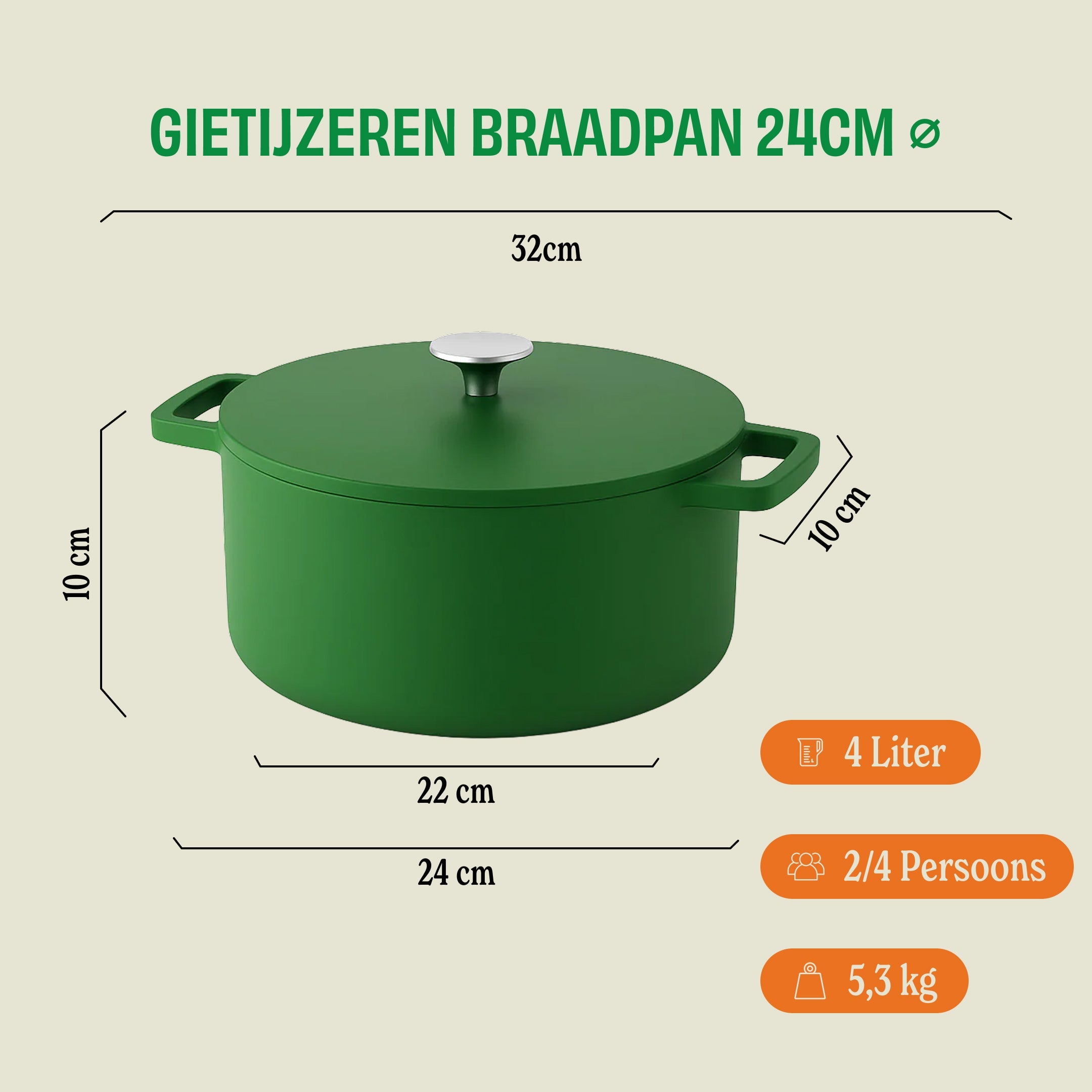 Go Green Gietijzeren Braadpan 24 cm - 4 liter afmetingen