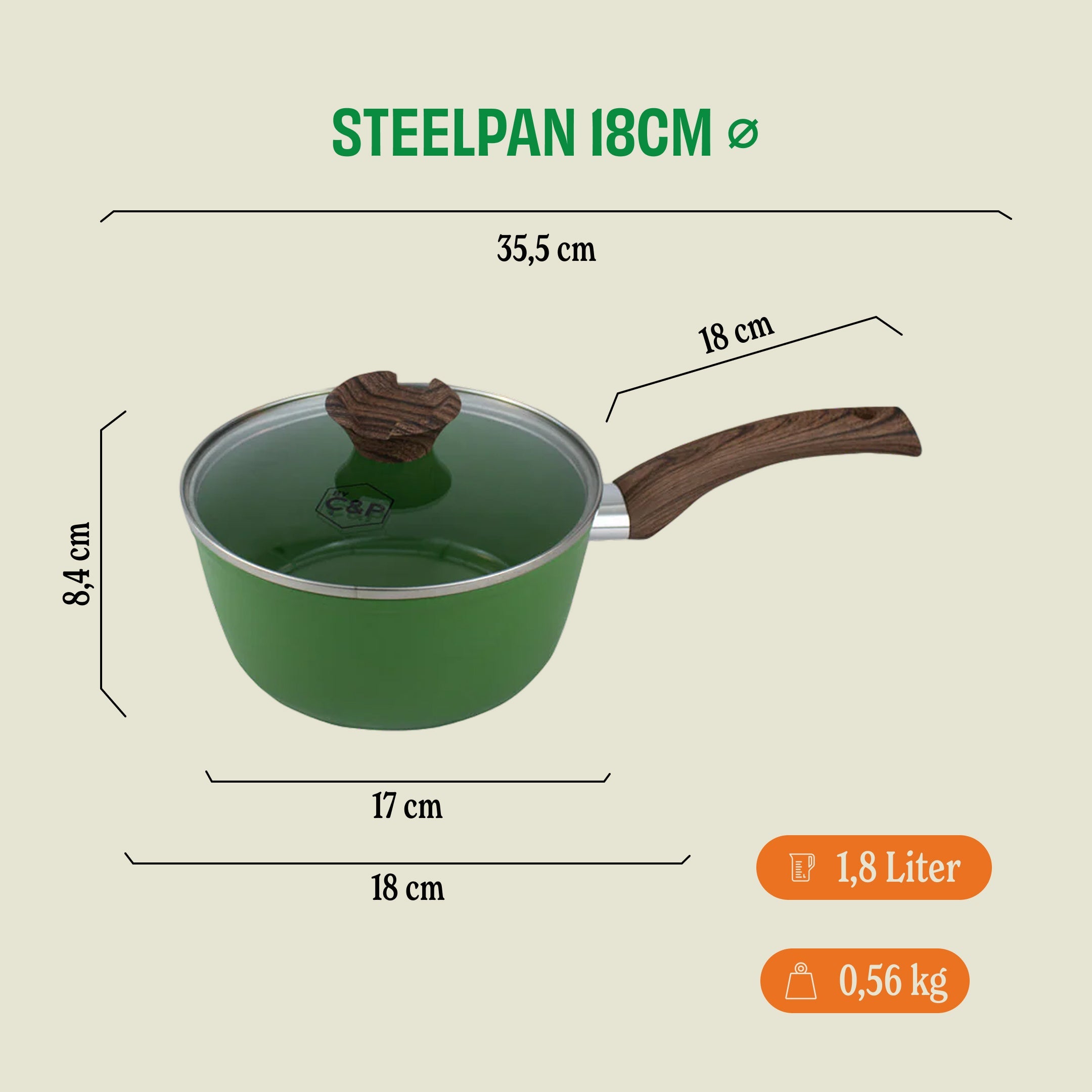 Go Green Steelpan met deksel 18 cm afmetingen