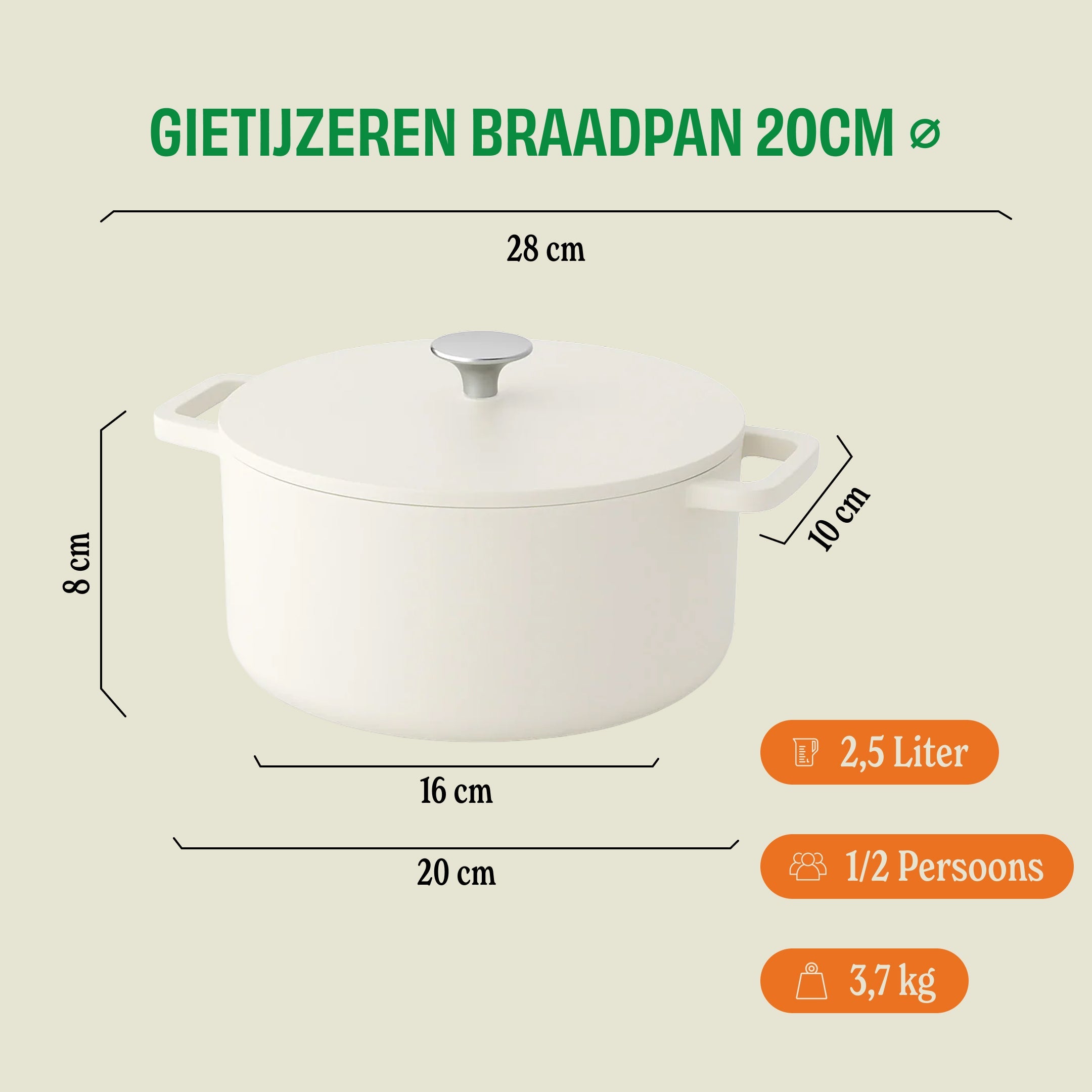 Go Ivory Gietijzeren Braadpan 20 cm - 2.5 liter afmetingen