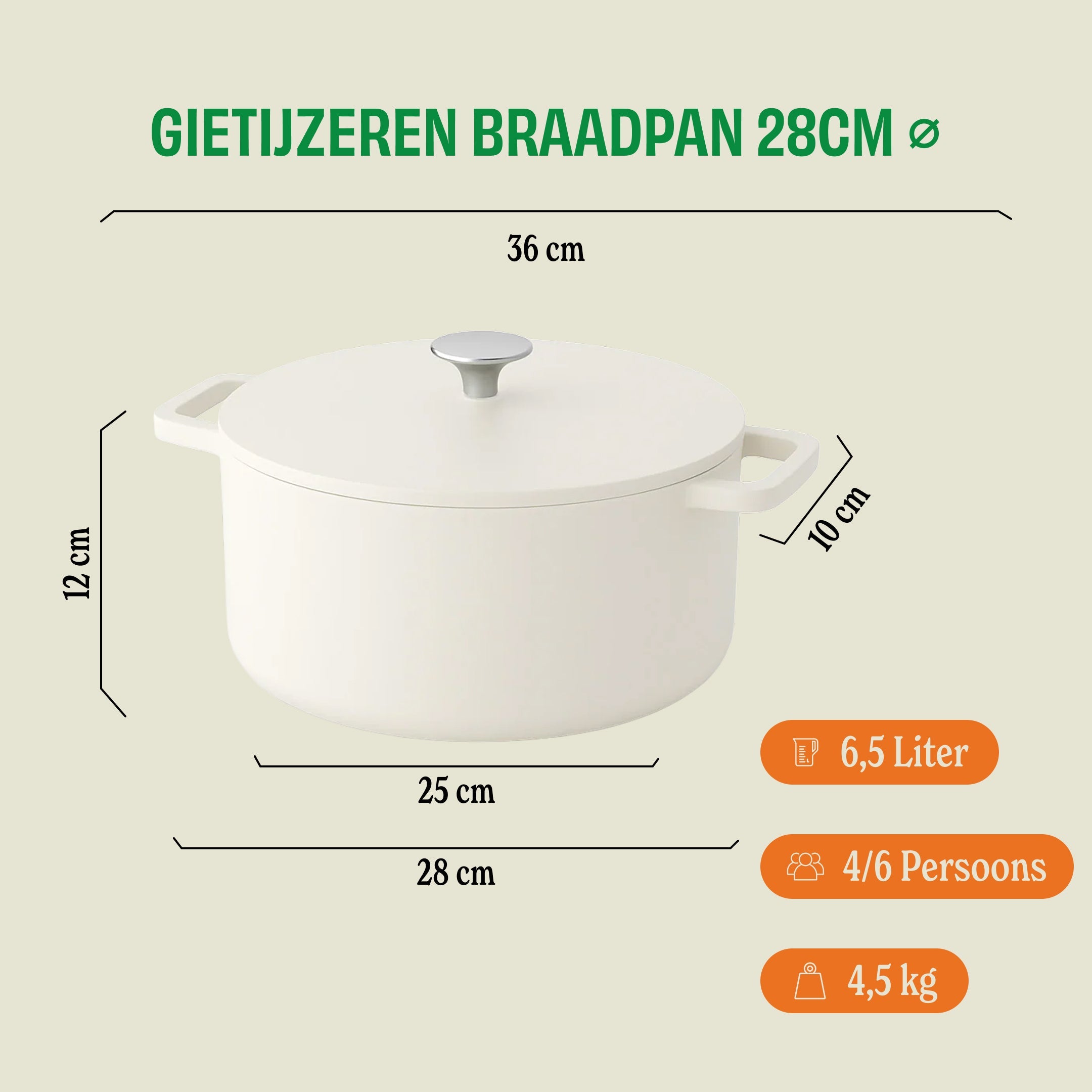 Go Ivory Gietijzeren Braadpan 28 cm - 6.5 liter afmetingen