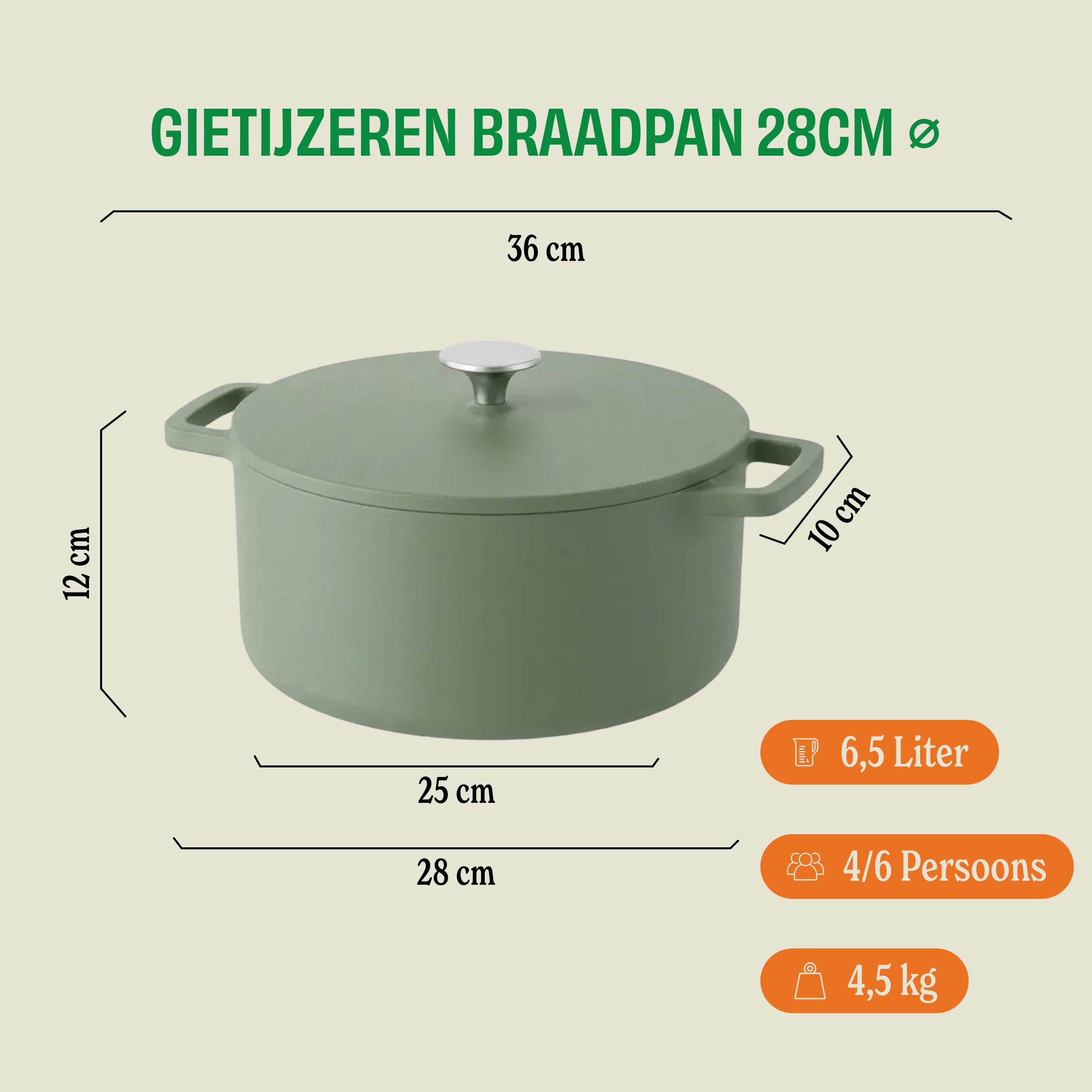 Cocotte Nadia Loves C&P en fonte 28 cm avec dimensions et contenance de 6,5 litres, pour 4-6 personnes