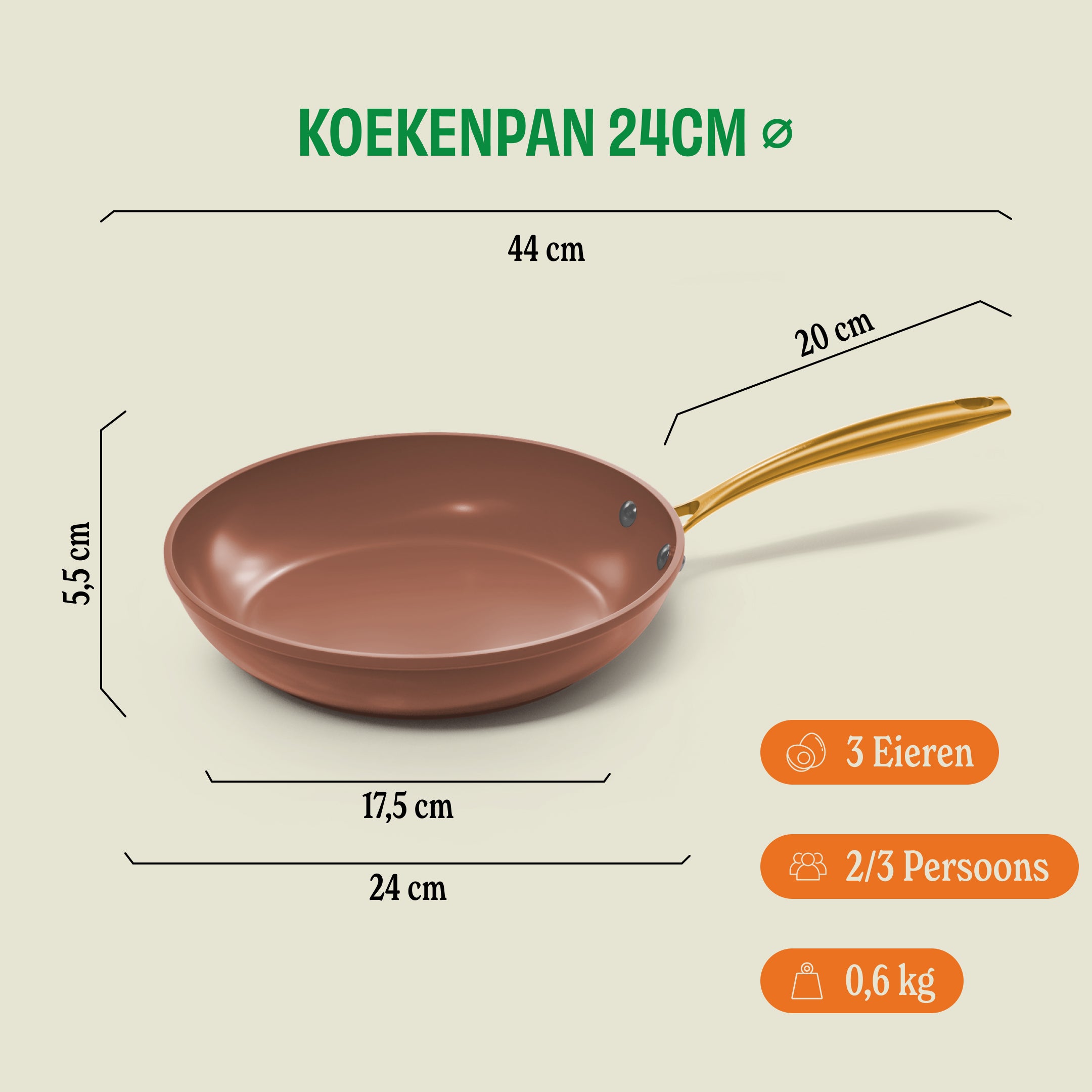 Sienna koekenpan 24cm met keramische antiaanbaklaag, goudkleurige handgreep en afmetingsdiagram