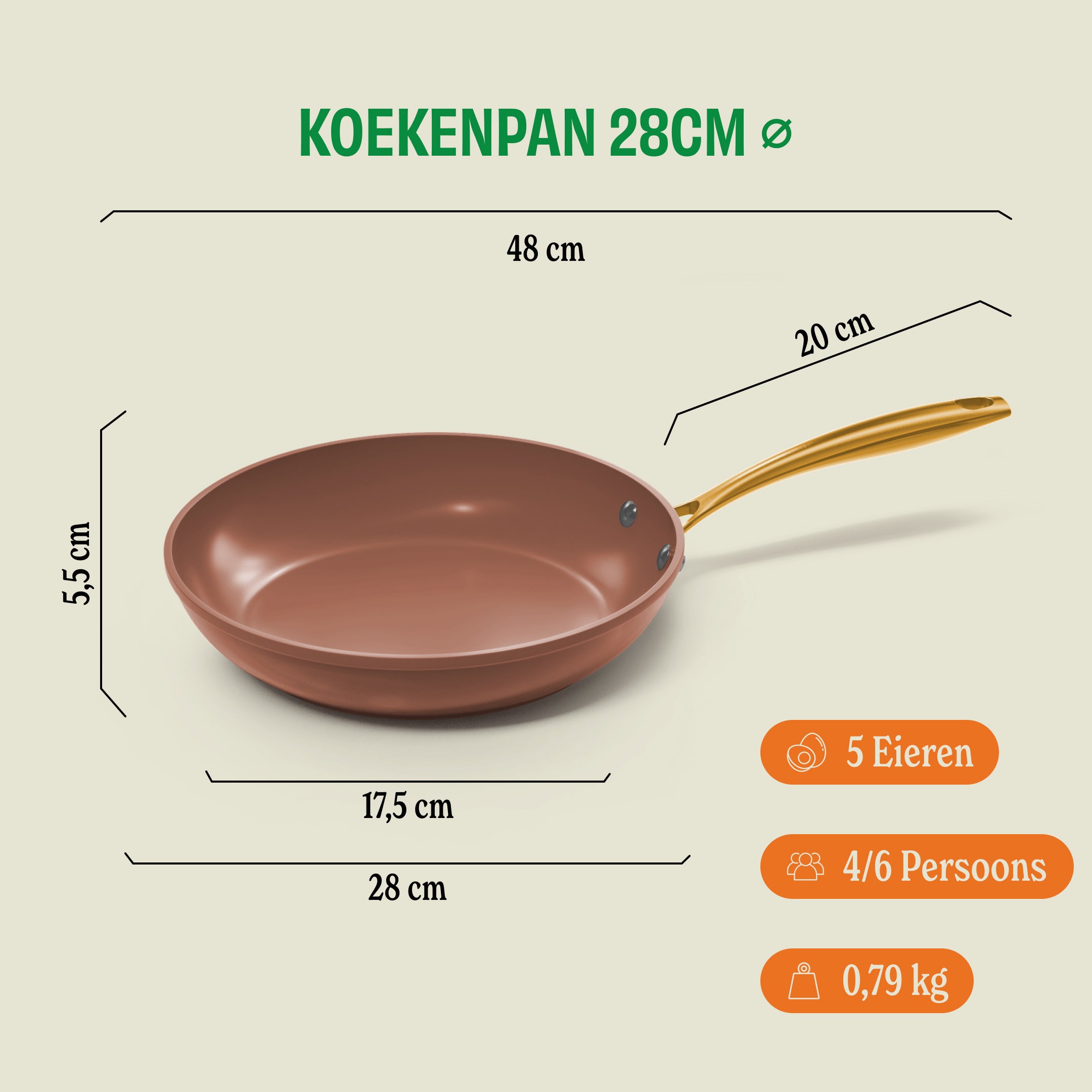 Maatdiagram van de Sienna koekenpan 28 cm met afmetingen en specificaties