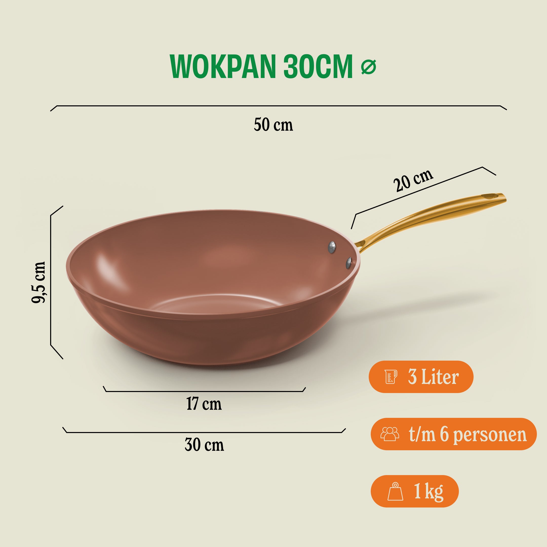 Sienna Wokpan 30 cm met maten en capaciteit aangegeven: 50 cm totale lengte, 30 cm doorsnede, 9,5 cm hoogte, 3 liter inhoud