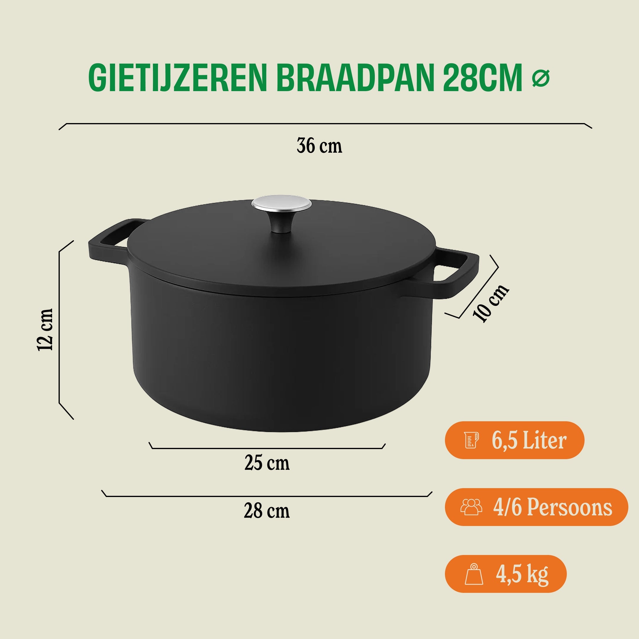 Signature Gietijzeren Braadpan 28 cm afmetingen