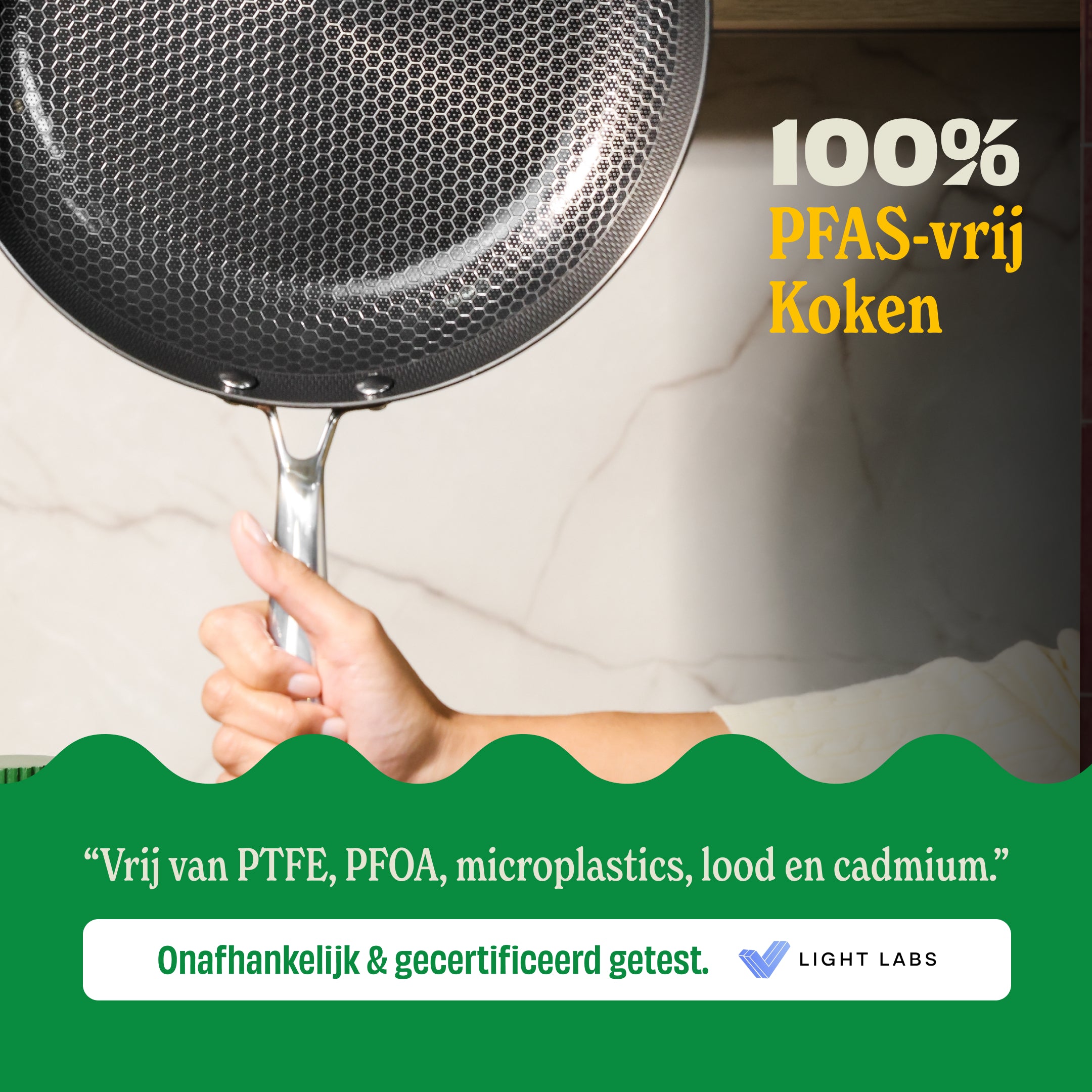 PFAS-vrij koken in een Honey koekenpan met keramische antiaanbaklaag, vrij van PTFE, PFOA, microplastics, lood en cadmium