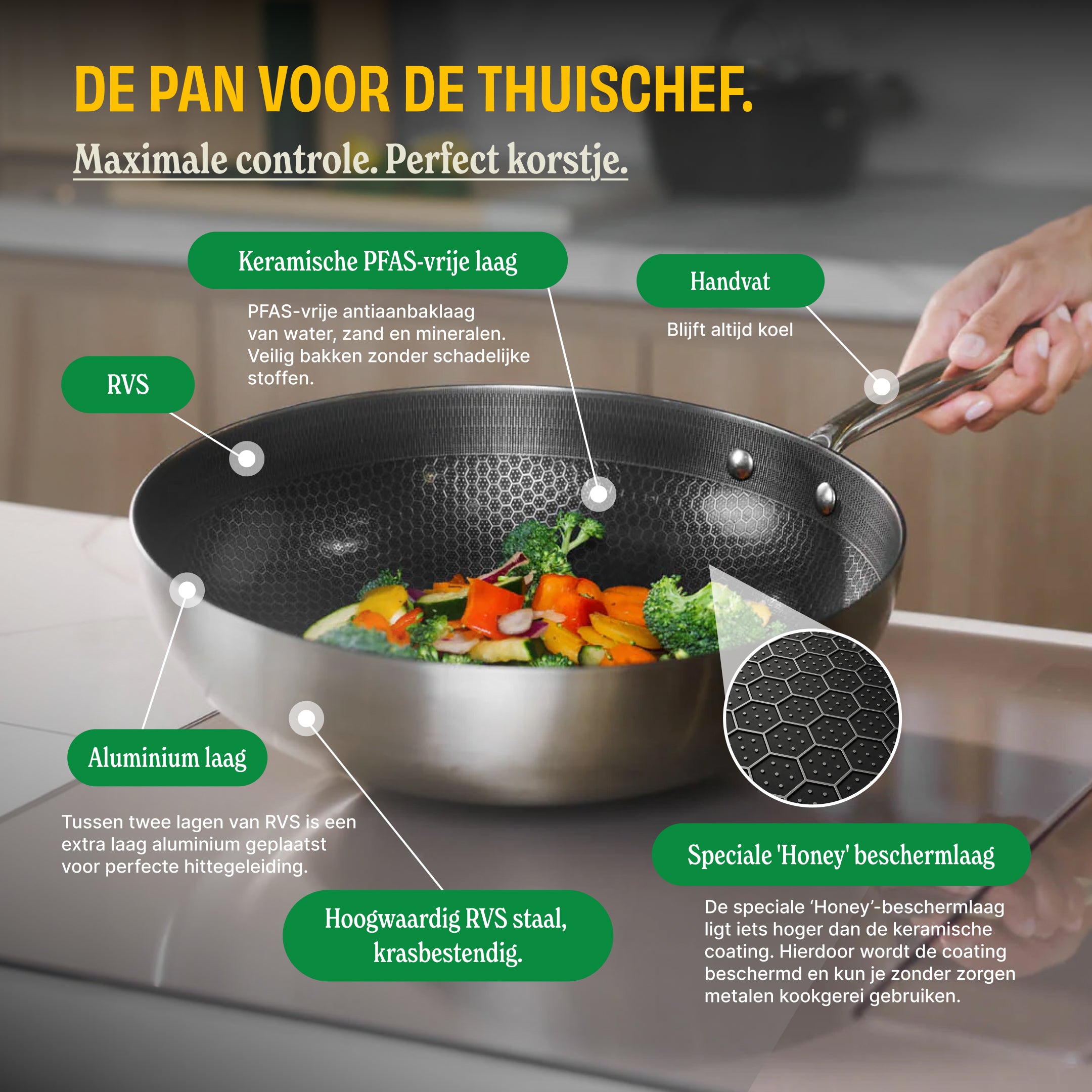 Honey koekenpan 28 cm met keramische PFAS-vrije laag, RVS bodem en aluminium kern, gevuld met groenten in een keuken.