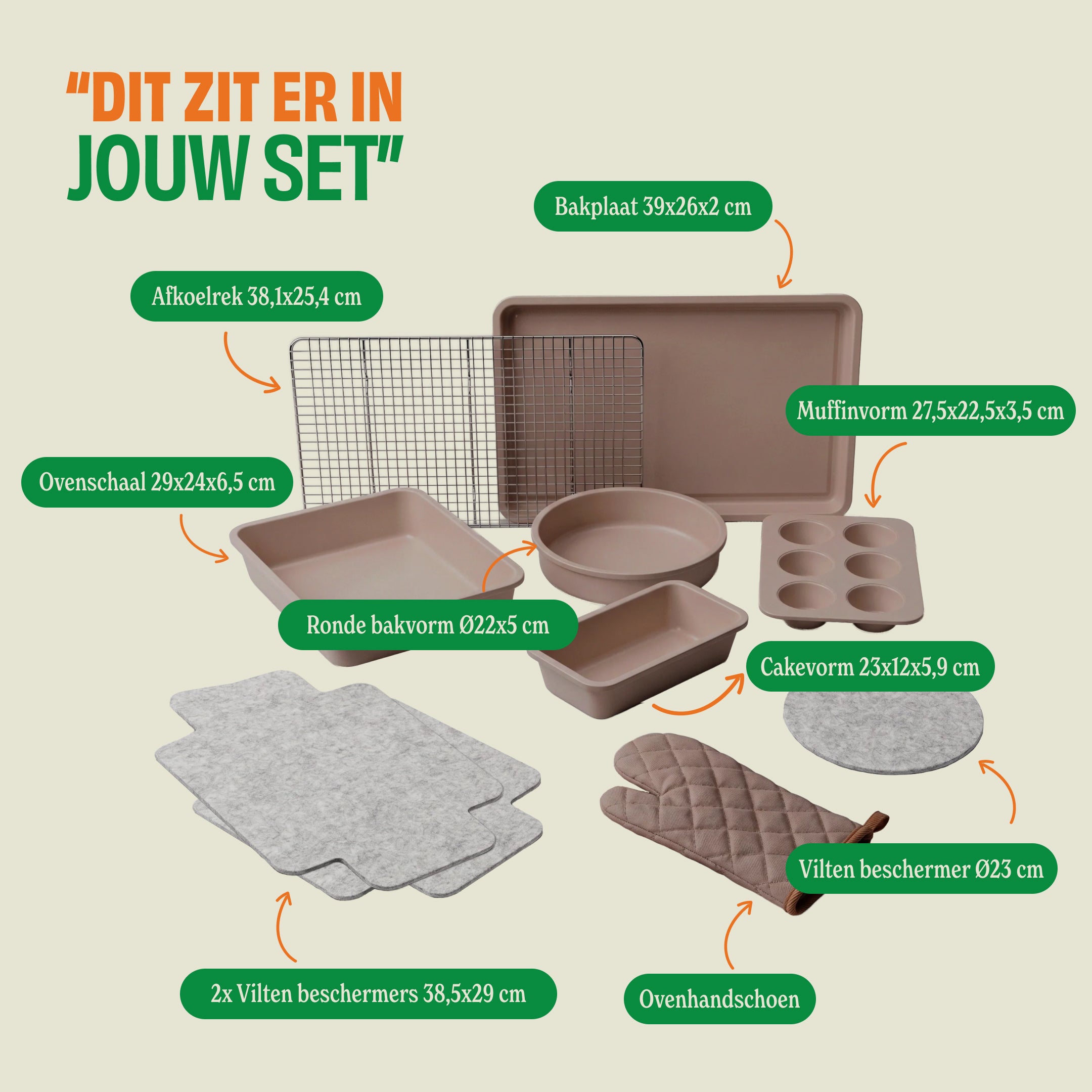 Taupe of Mind Backset mit 10 Backformen, Backblech, Backform, Rost und Kühlgitter mit Größenangaben