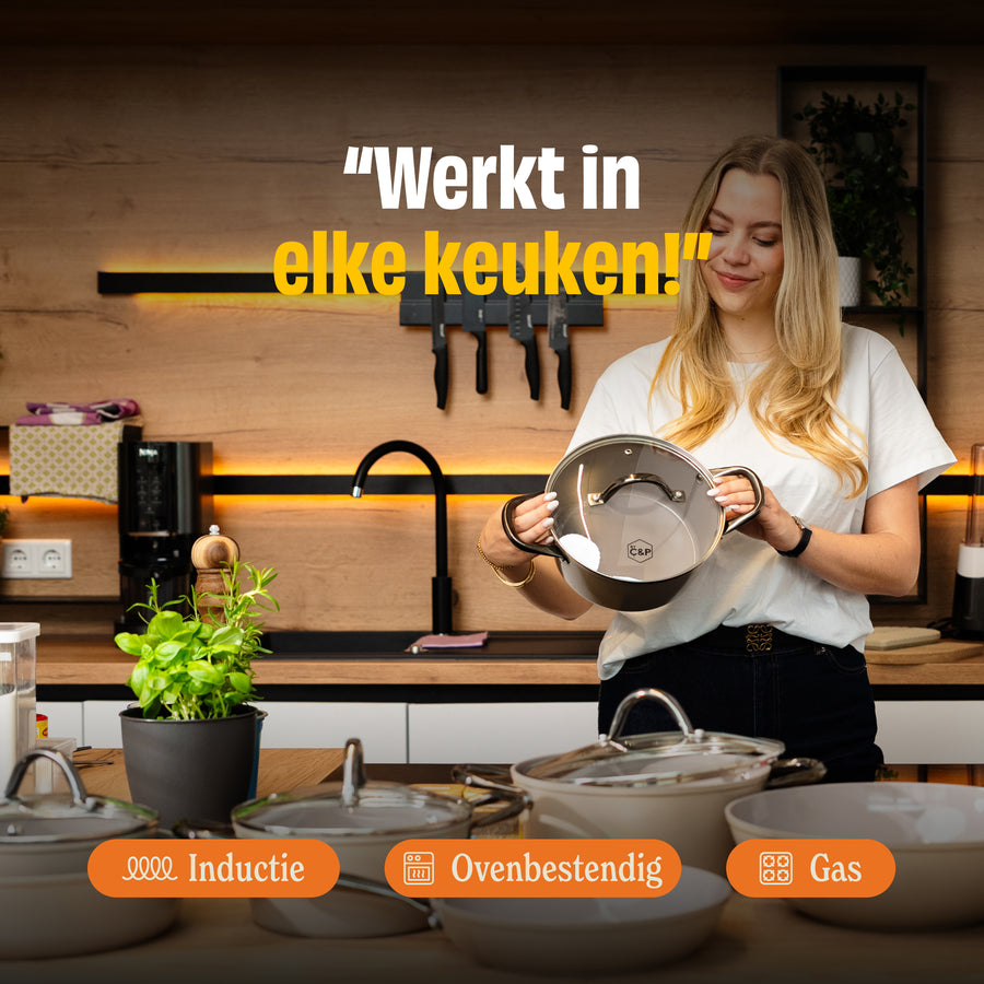 Femme dans la cuisine avec batterie de cuisine Taupe of Mind, compatible induction, four et gaz