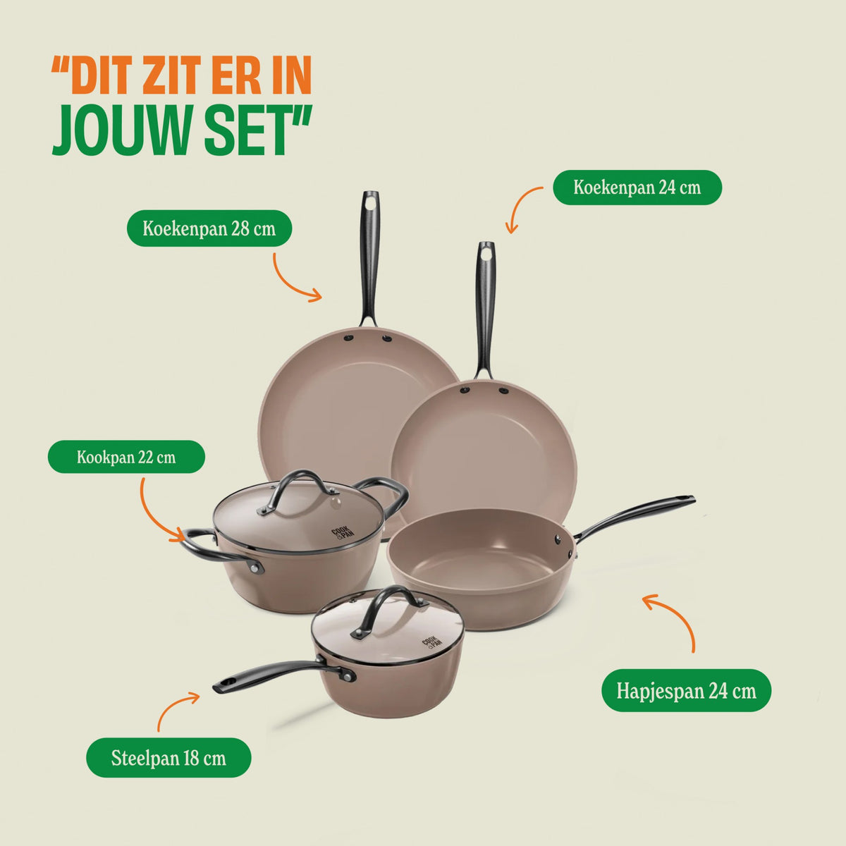 What's in your Taupe of Mind 5-piece cookware set: frying pans 24 and 28 cm, cooking pot 22 cm, sauté pan 24 cm and saucepan 18 cm.