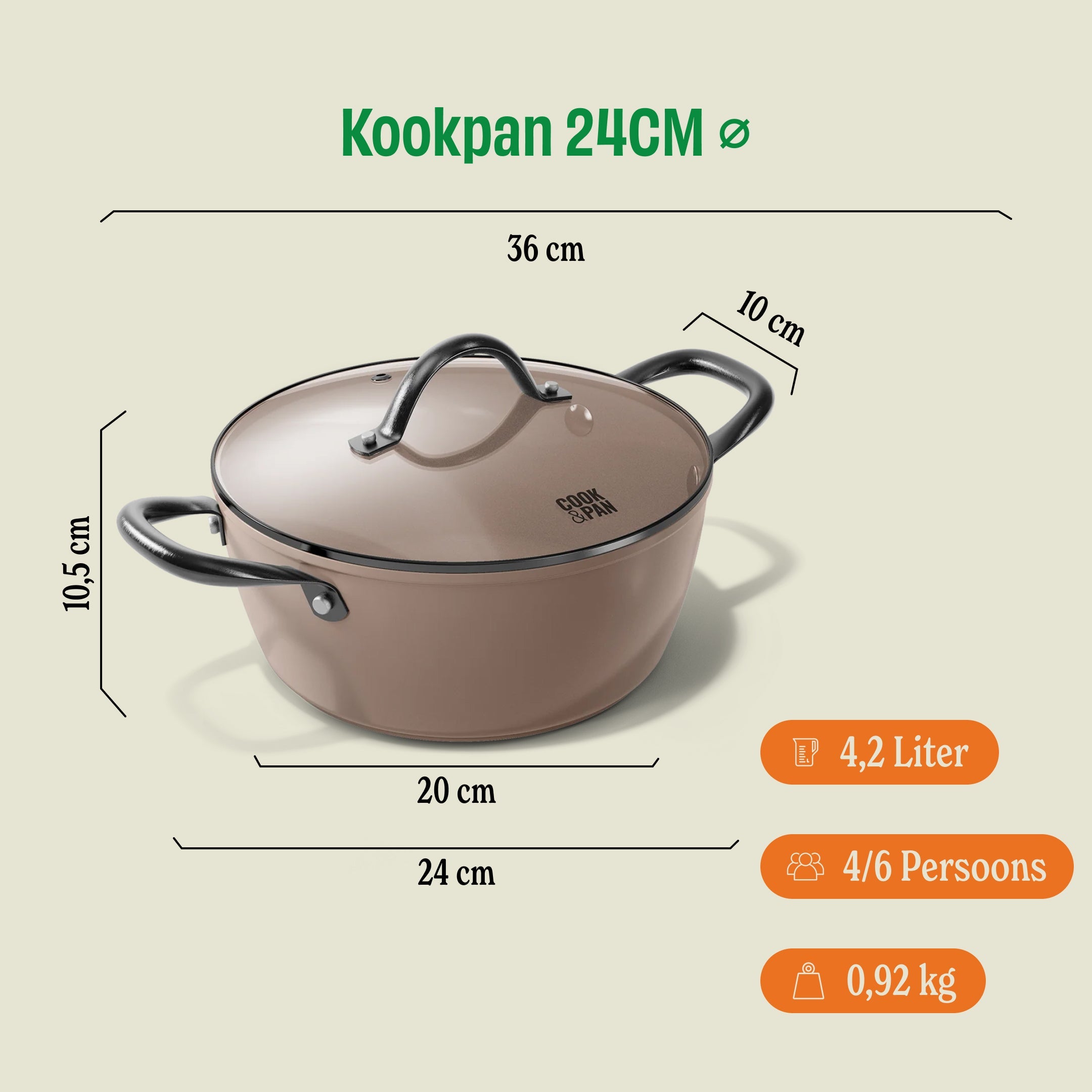 Taupe of Mind Kookpan met deksel 24 cm afmetingen
