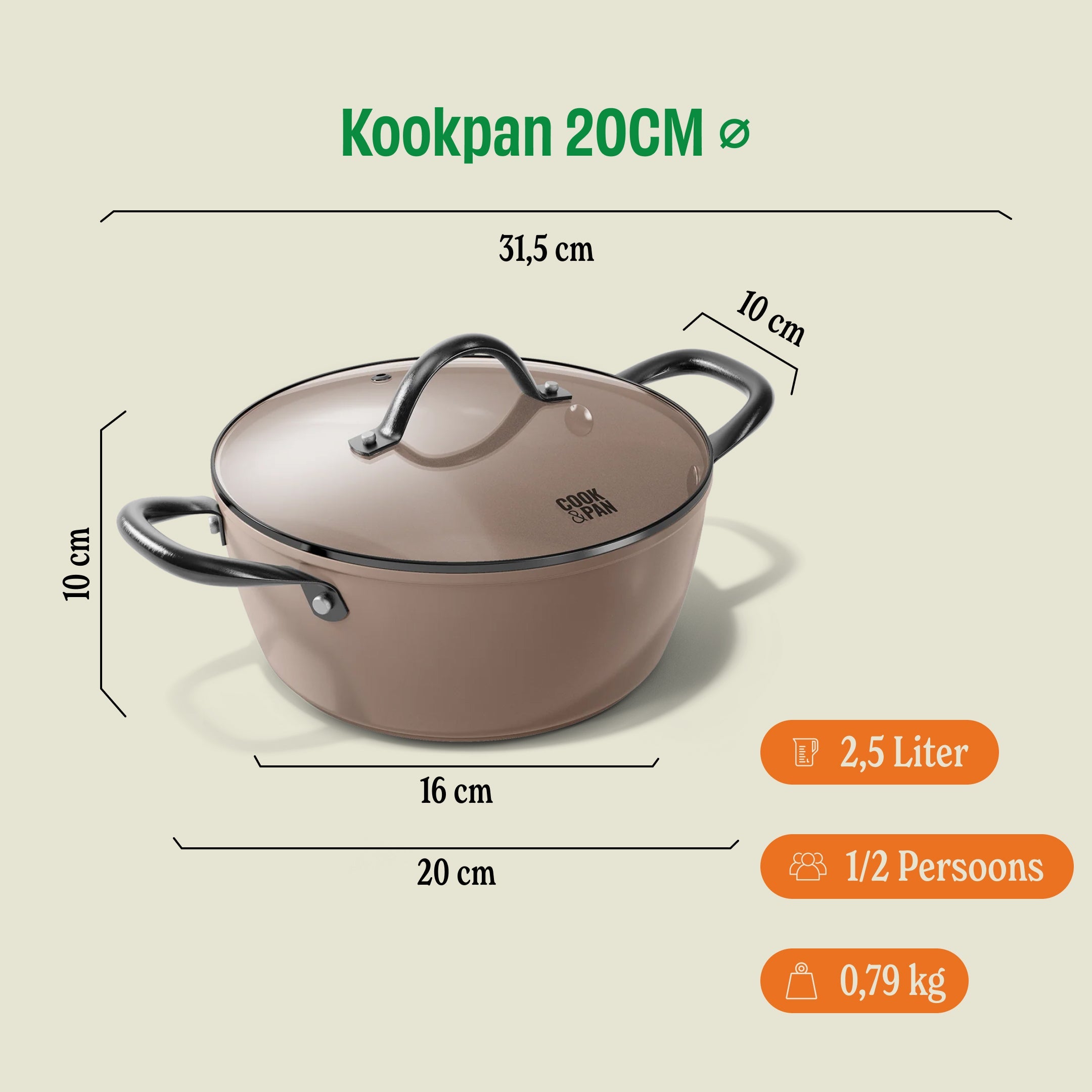 Taupe of Mind Kookpan met deksel 20 cm afmetingen