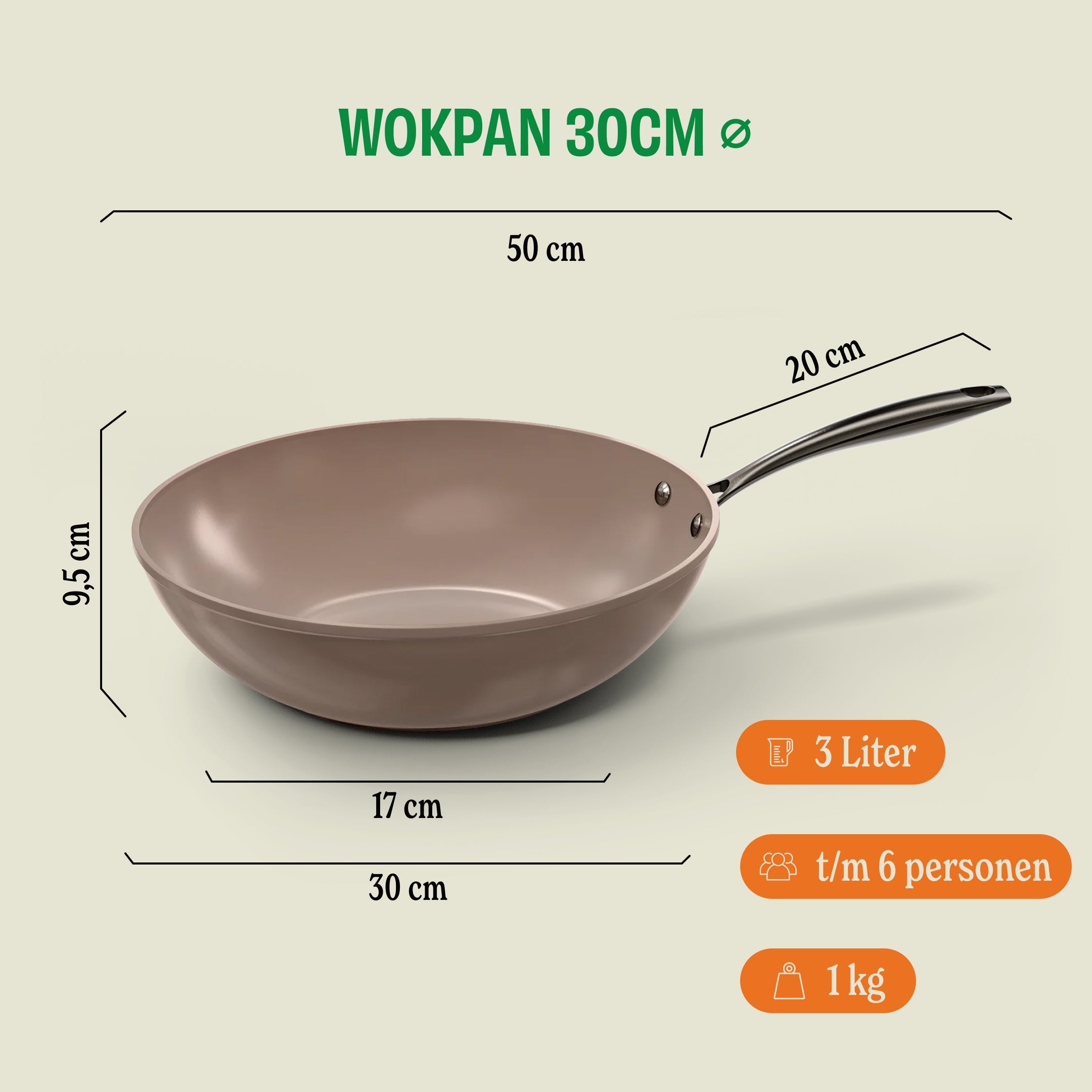 Taupe of Mind Wokpan 30 cm afmetingen