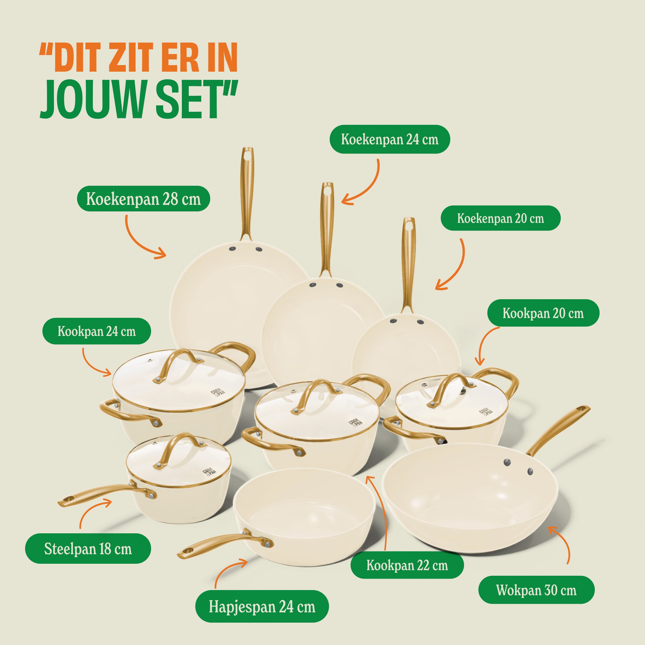 Vanilla pannenset 9-delig met koekenpannen, wokpan, hapjespan en steelpan in crèmekleur met keramische antiaanbaklaag