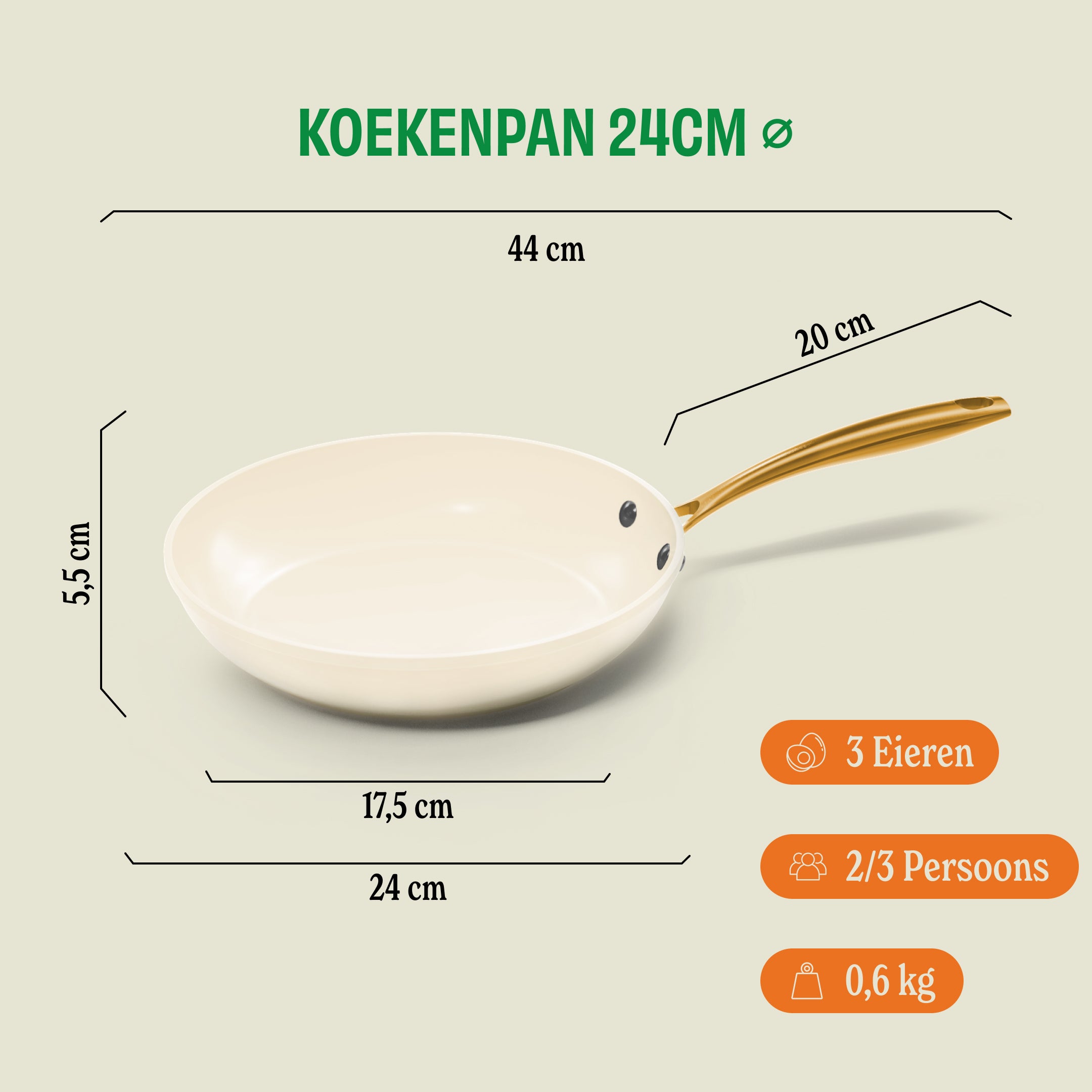 Vanilla koekenpan 24 cm met keramische antiaanbaklaag, afmetingen en specificaties weergegeven