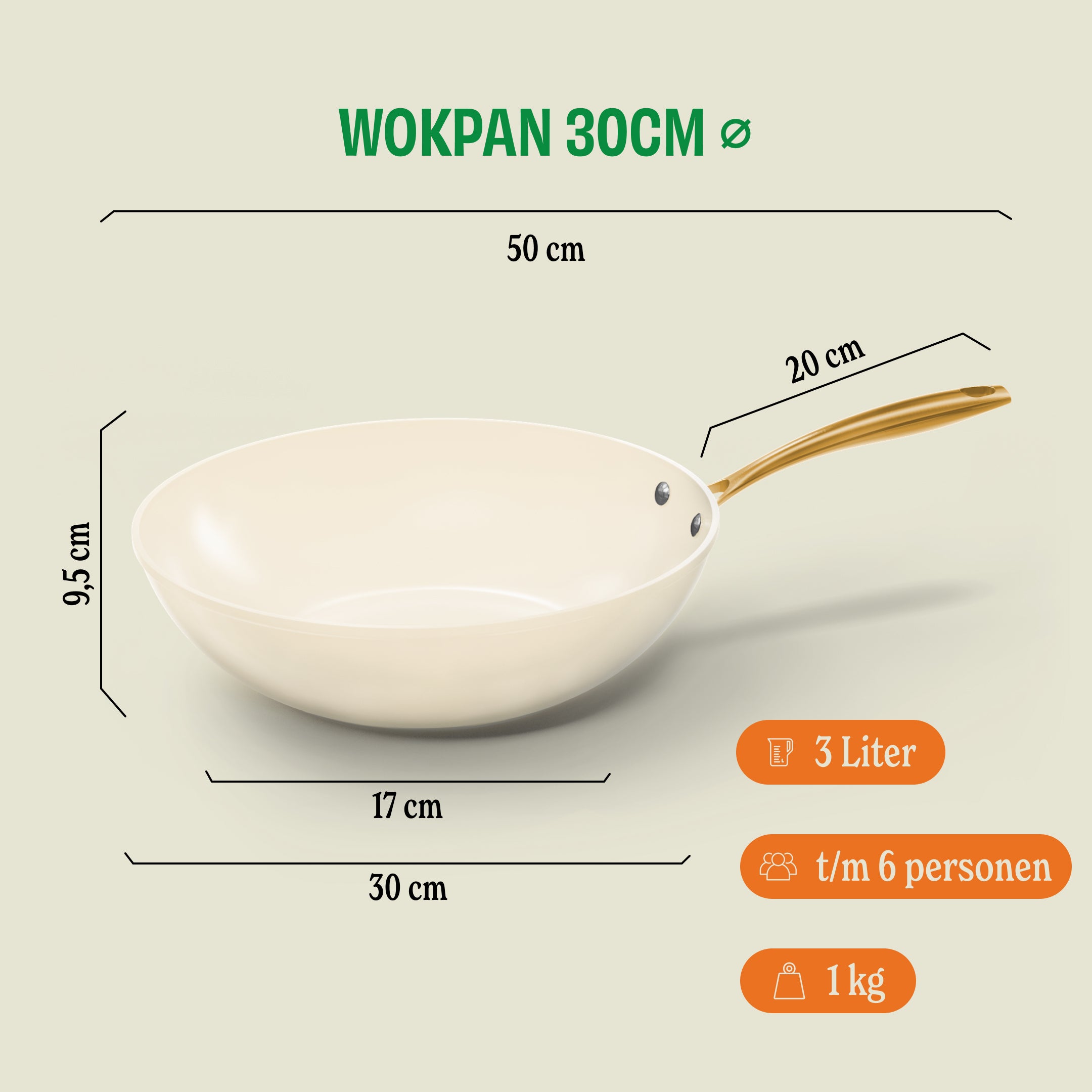Afmetingen en capaciteit van de Vanilla wokpan 30 cm met keramische antiaanbaklaag, 3 liter, voor 6 personen